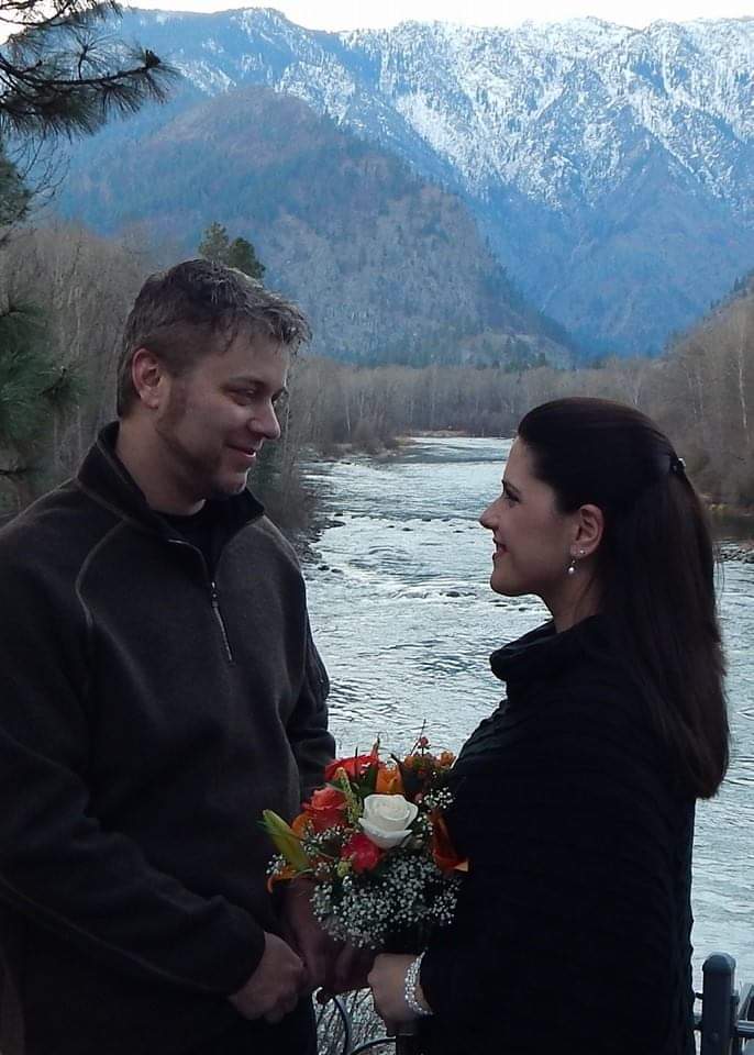 Our wedding photo in 2013, on the banks of the Wenatchee River.